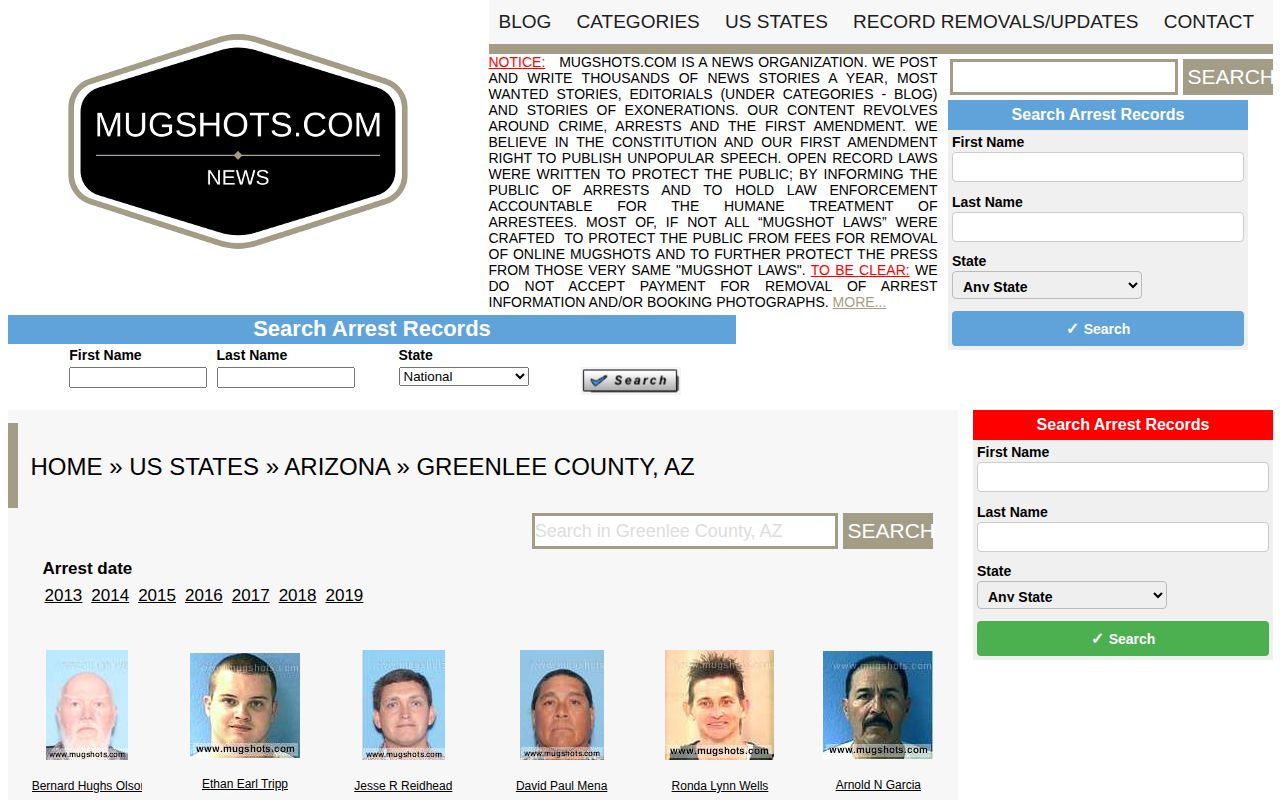 Unofficial historical Greenlee County mugshot index landing page
