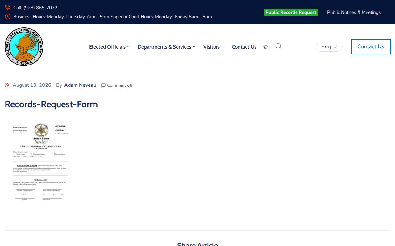 Greenlee County booking record request form page