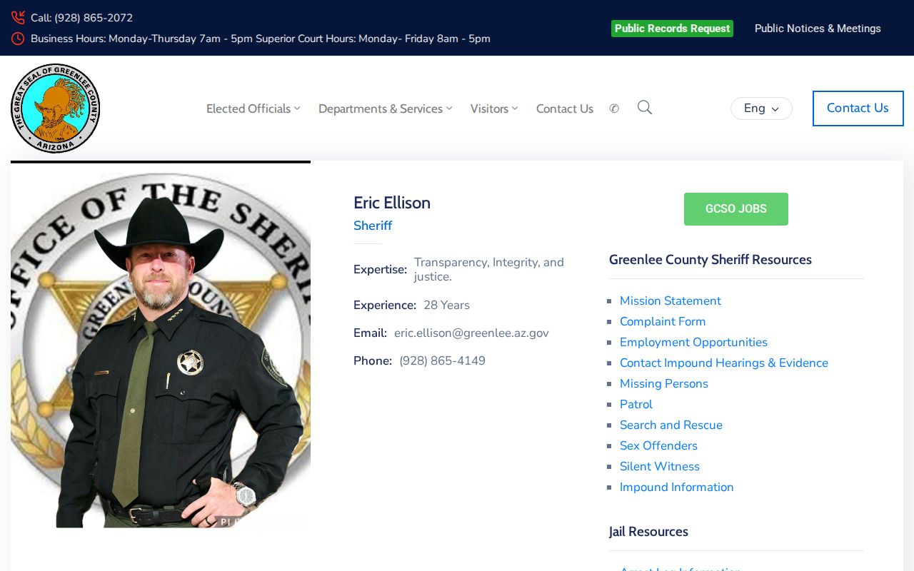 Greenlee County Sheriff jail resources without a booking app or mugshot roster